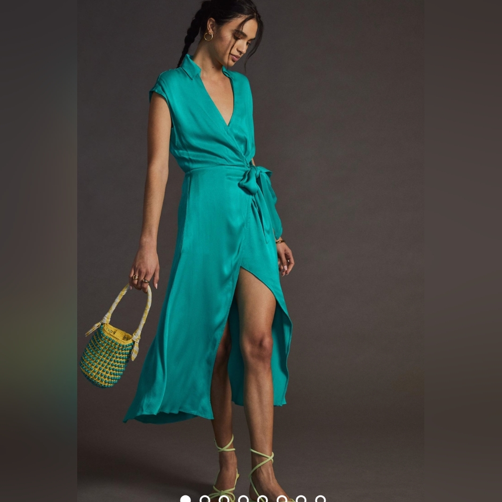 Stunning Anthropologie -Maeve Open-Back Wrap Midi Dress Green Size L.